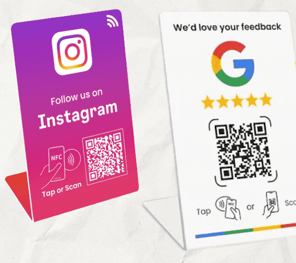 A Google review stand reading 'We'd love your feedback' with five stars and a QR code, next to an Instagram follow stand