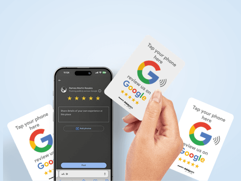 A hand holding an NFC Google review card reading 'Tap your phone here, review us on Google' beside a phone showing the Google review form with five stars